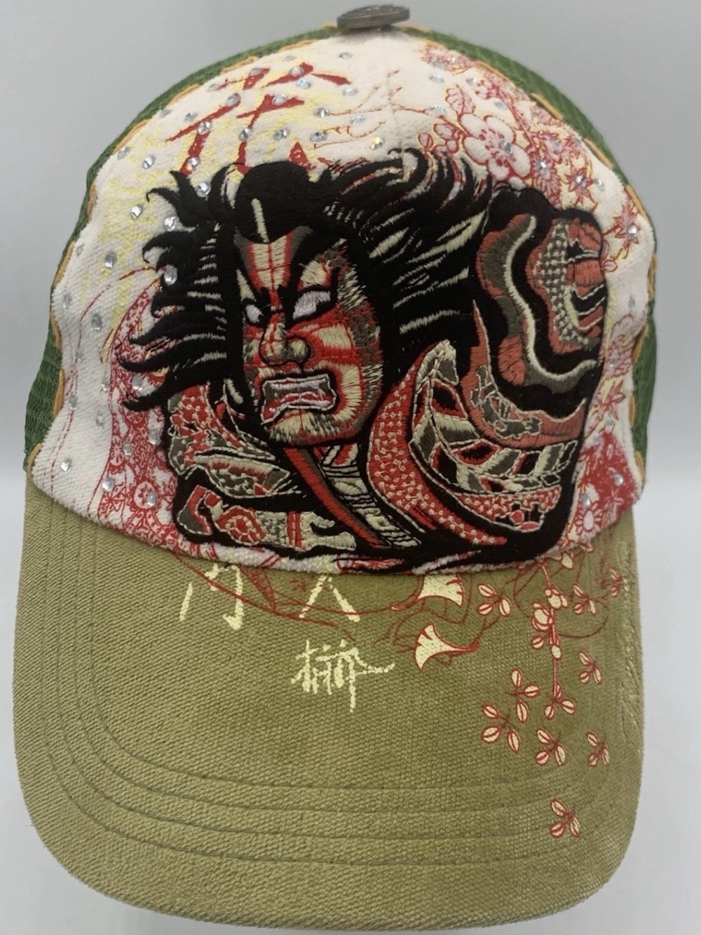 Vintage Y2K Four 41 Trucker Hat Rhinestone Embroidered Mesh Cap Samurai Japanese